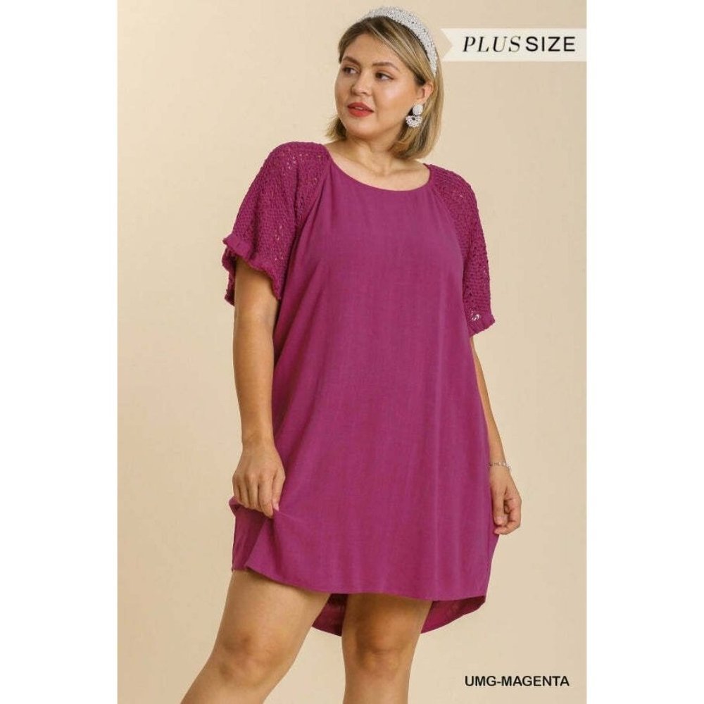 Umgee Plus Size Magenta Crochet Short Sleeve Detailed Dress